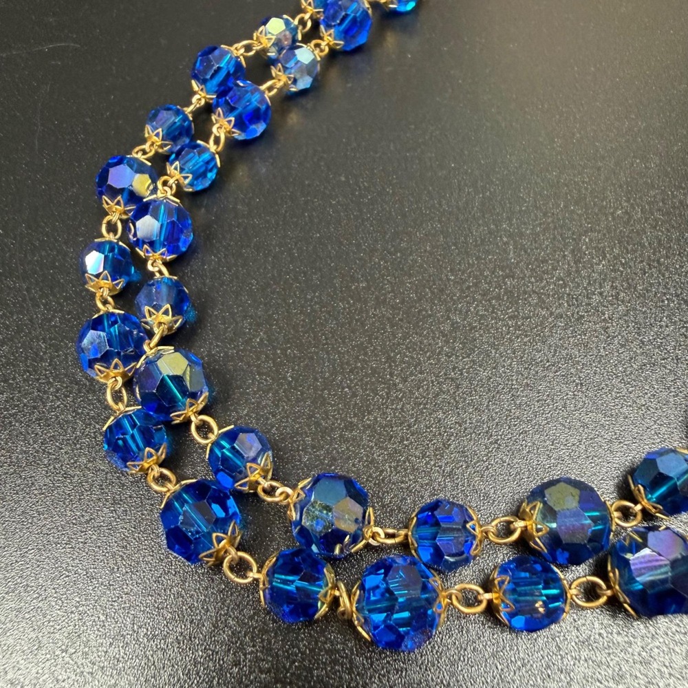 Vintage Two Strand Blue AB Crystal Bead Gold Tone Necklace 16"